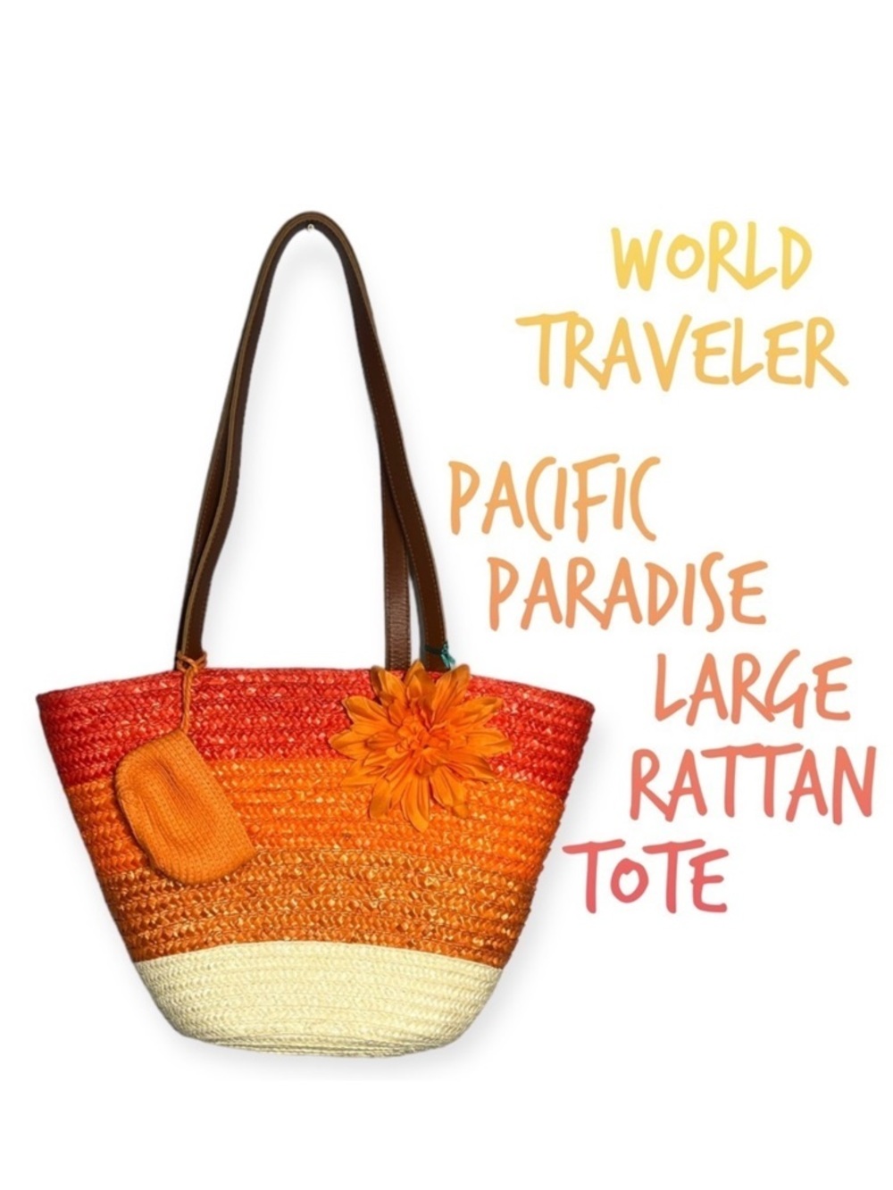 World Traveler Pacific Paradise orange rattan tote bag with change purse